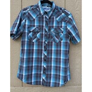 Surplus Men's Size Medium Blue Plaid Short Sleeve Pocket Shirt Button Up